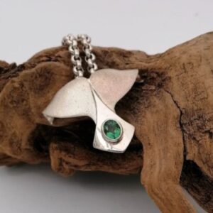 Whale Tail Pendant with Green Tourmaline in Sterling Silver