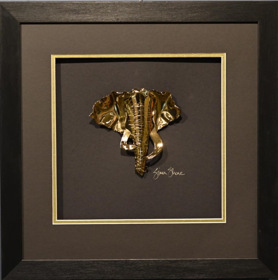 Ndlulamithi Head handcrafted metal elephant wall art in luxury black frame